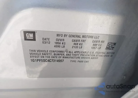 2012 Chevrolet Cruze 1Lt из США, поврежденный, VIN 1G1PF5SC4C7314997